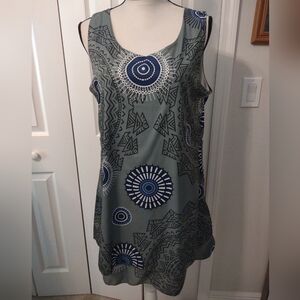 Women's XL Green Light Tank Dress 2 tiered Navy Blue White Geo Print Knee Length